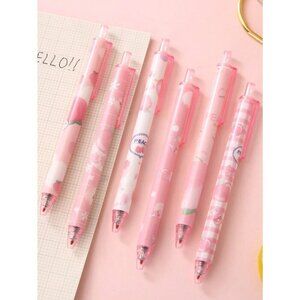 6pcs Peach Plastic Print Ballpoint Pen Multicolor